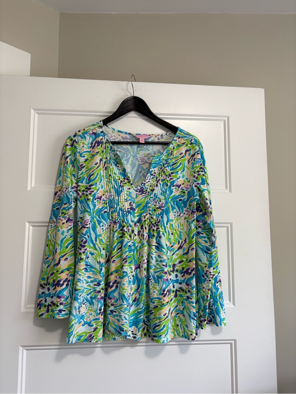 Lilly Pulitzer Blue Green Multi V-Neck Printed Tunic sz Medium